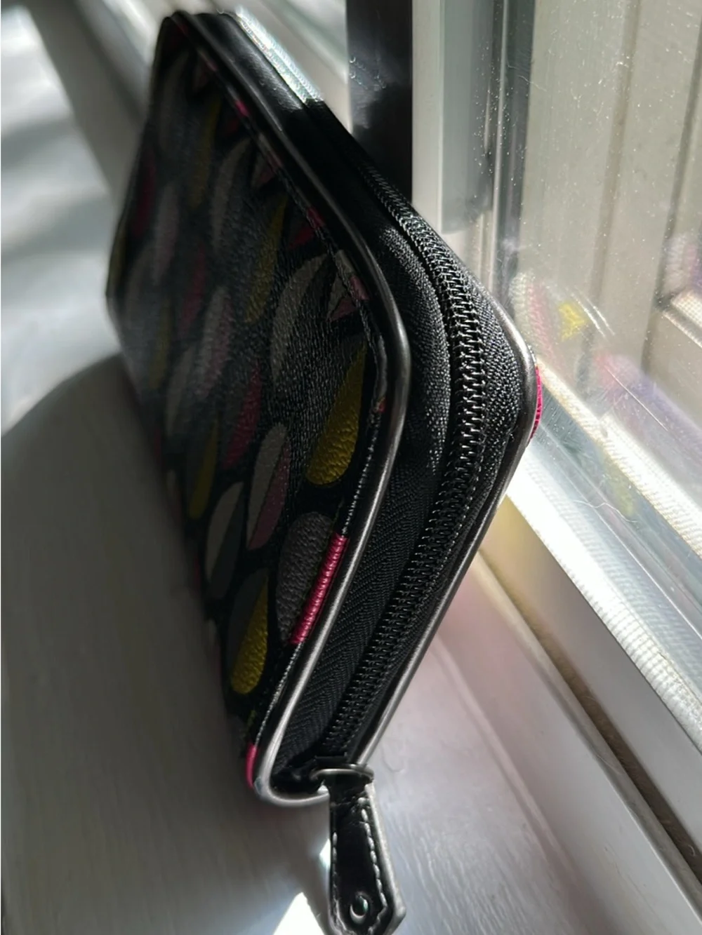 Vera Bradley Black Wallet with Pink, Yellow, Gray and White Leaf Pattern